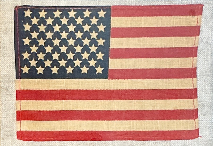 Vintage 50 Star American Flag on Light Grey Grain Sack Fabric in Black Frame