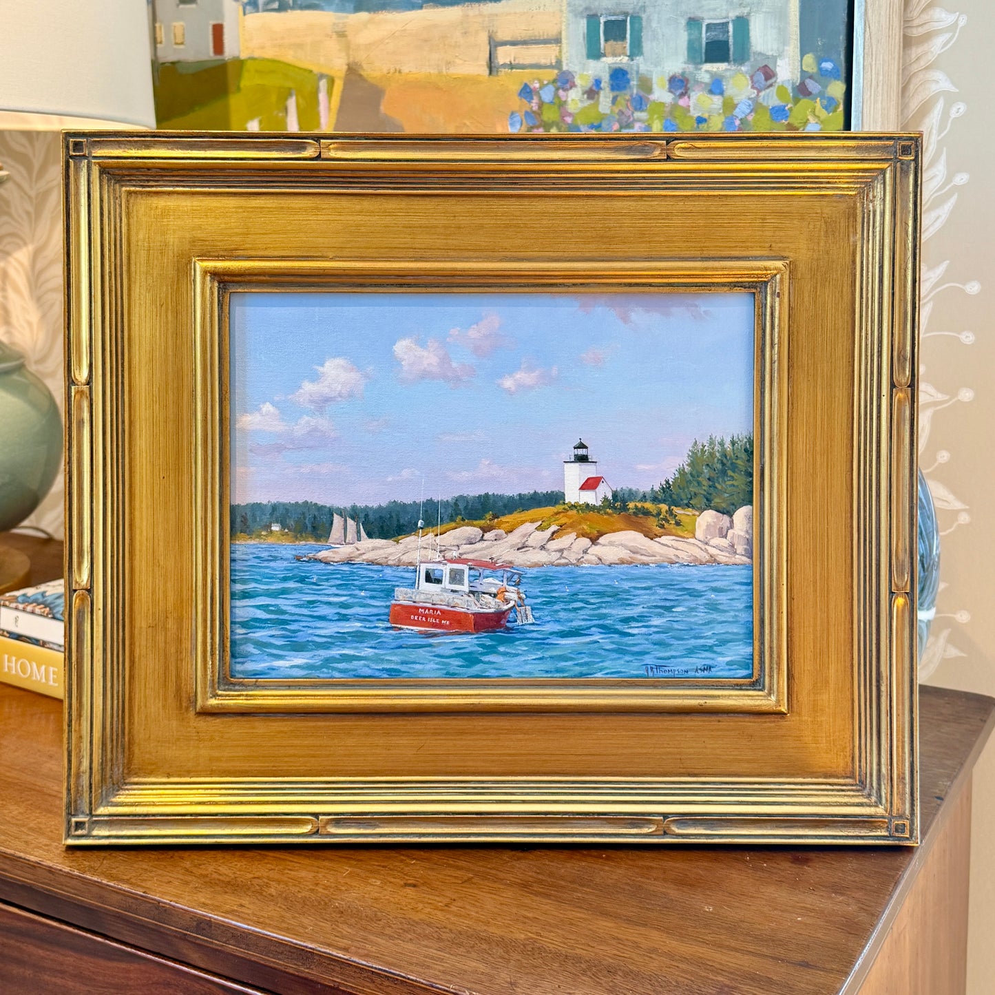 Anthony R. Thompson Deer Isle Lighthouse Lobster Boat Coastal Landscape Oil Painting in Gold Frame