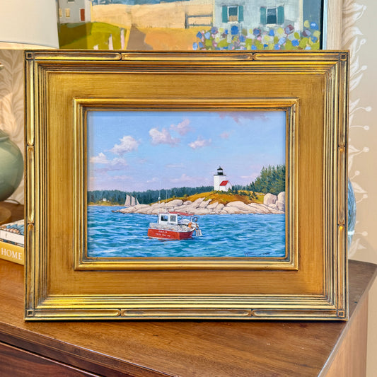 Anthony R. Thompson Deer Isle Lighthouse Lobster Boat Coastal Landscape Oil Painting in Gold Frame
