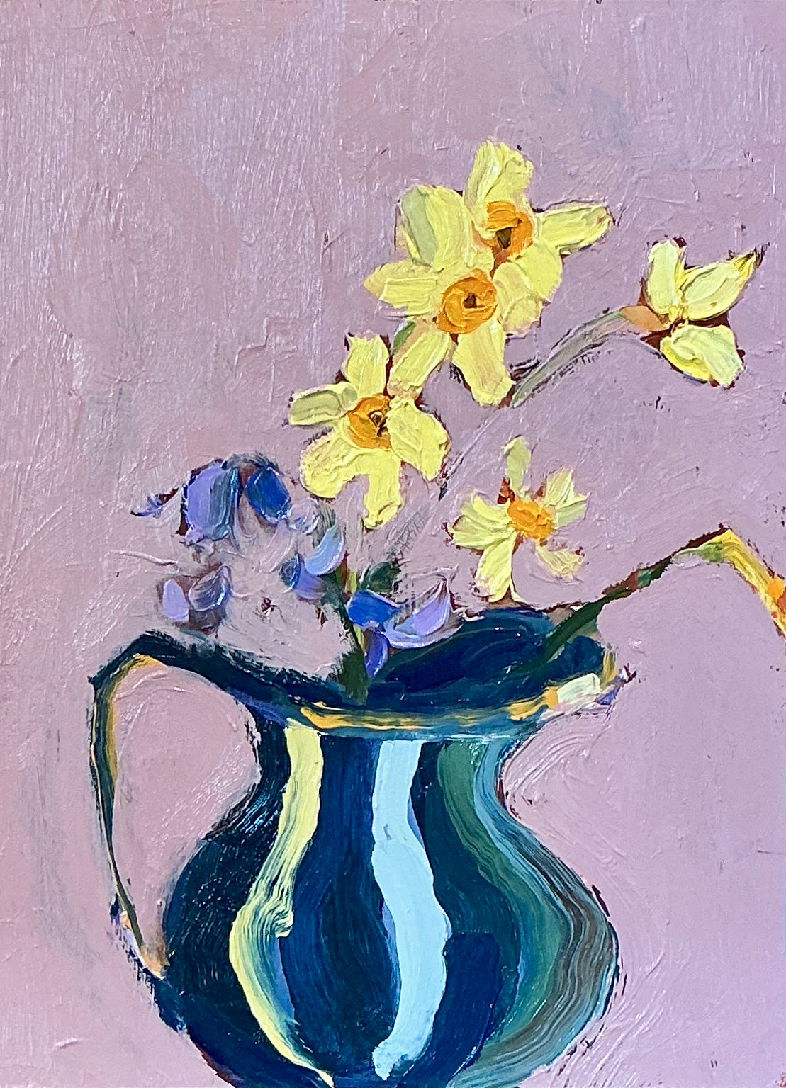 Gretchen McGinnis Creamer With Mini Daffodils And Violets II Still Life Oil Painting in Gold Floater Frame