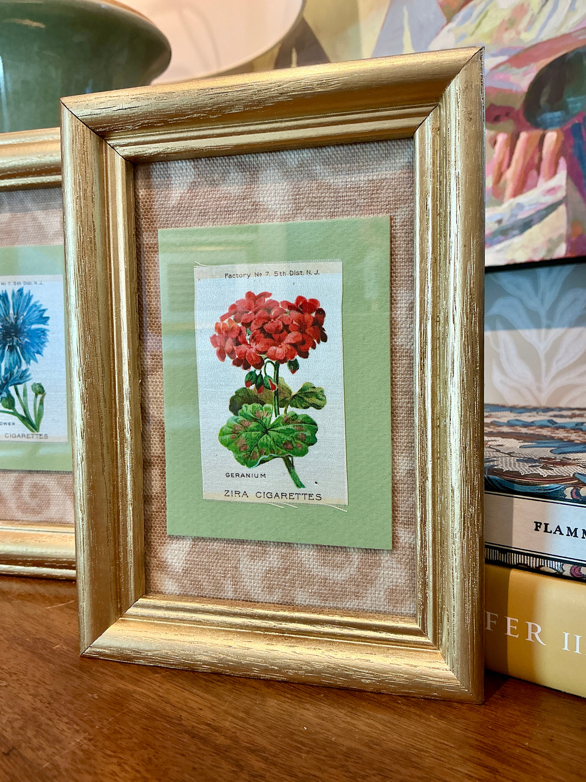 Set of Five Antique Floral Silks on Neutral Thibaut Fabric in Gold Frames