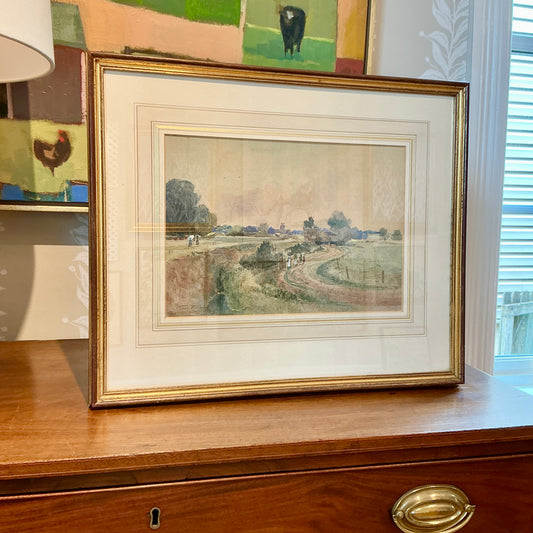 1893 Percy Thomas English Country Scene Landscape Watercolor Painting in Gold Frame