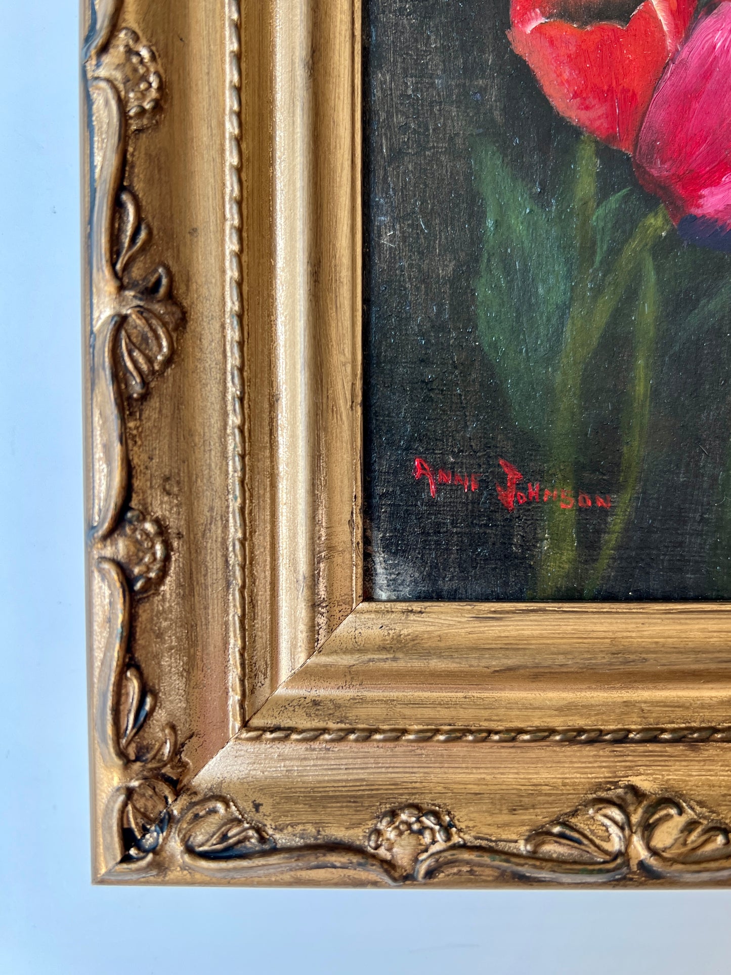 Anne Johnson Red Poppies Still Life Painting in Gold Frame