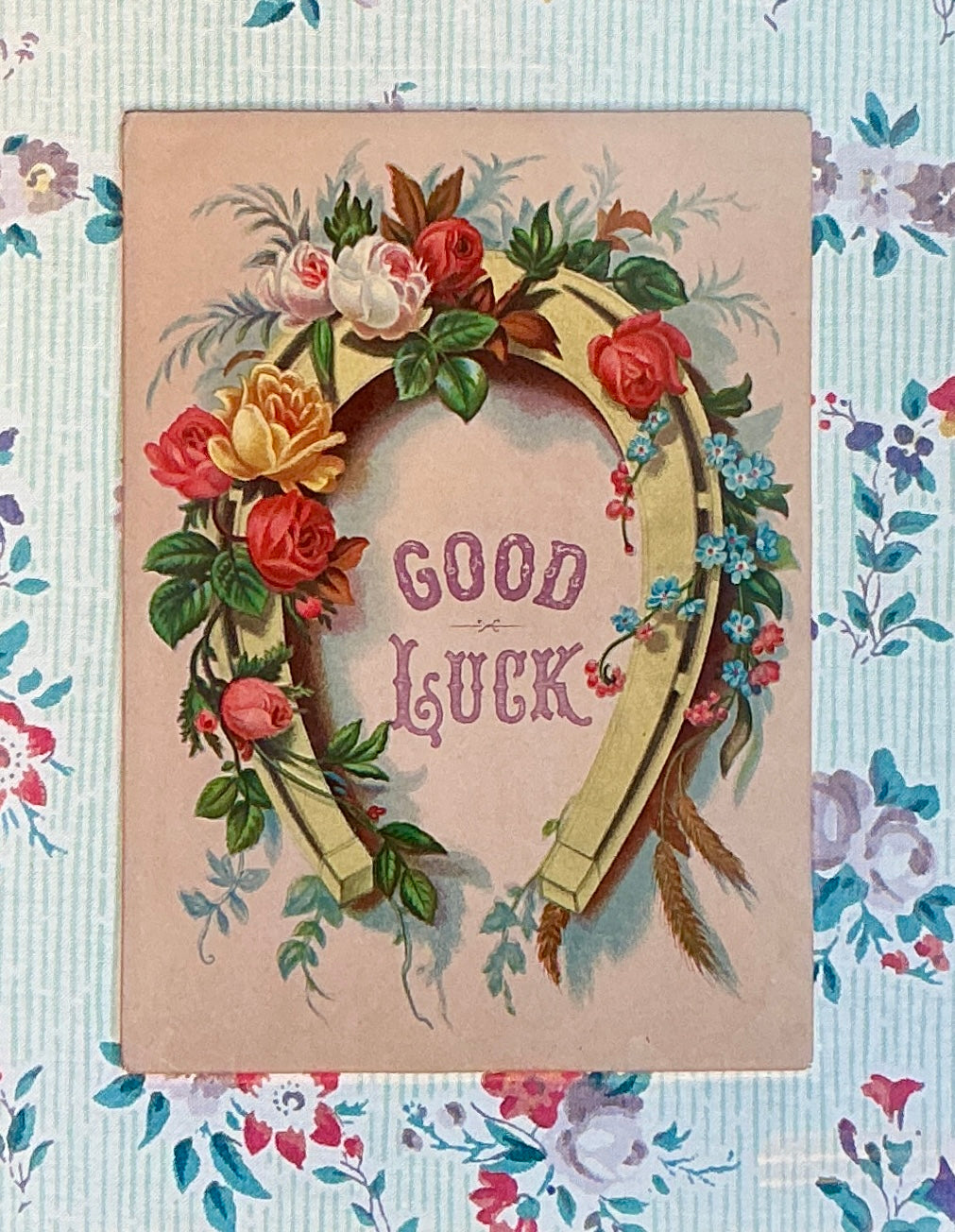 Antique 19th Century Good Luck Horseshoe Card in Vintage Floral Wrapped Mat in Gold Frame