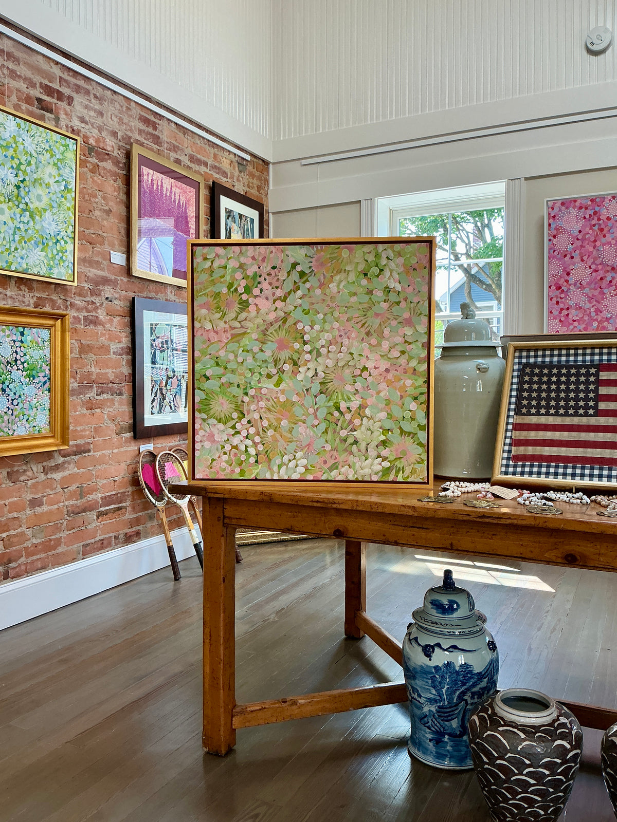 Alison Diamond McElroy Sunset Soirée Abstract Floral Painting in Gold Floater Frame