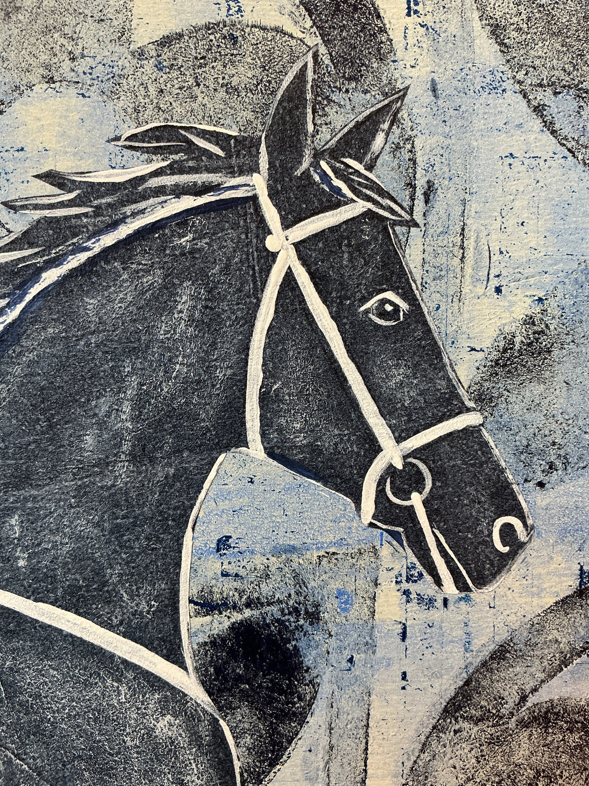 Heather Carey Blue Heritage Horse Portrait Mixed Media in Gold Frame