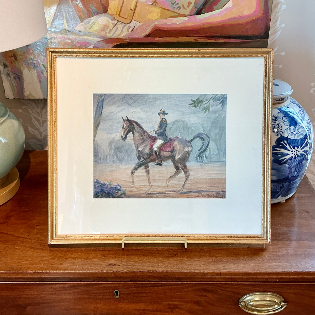 Donald Wood Early 20th Century French General On Horseback Portrait Oil Painting in Gold Frame