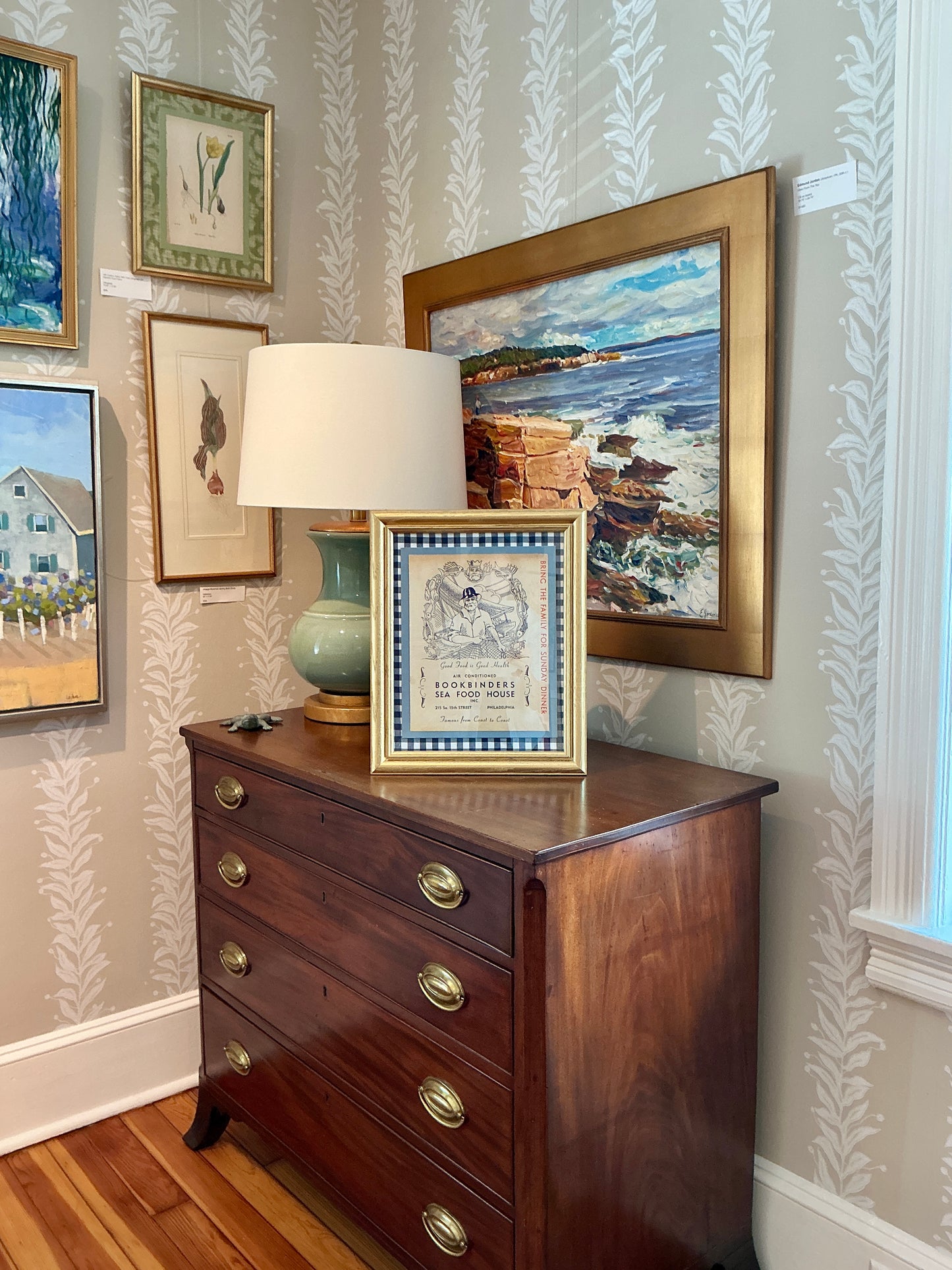 Vintage Philadelphia Bookbinders Menu on Navy Gingham in Gold Frame