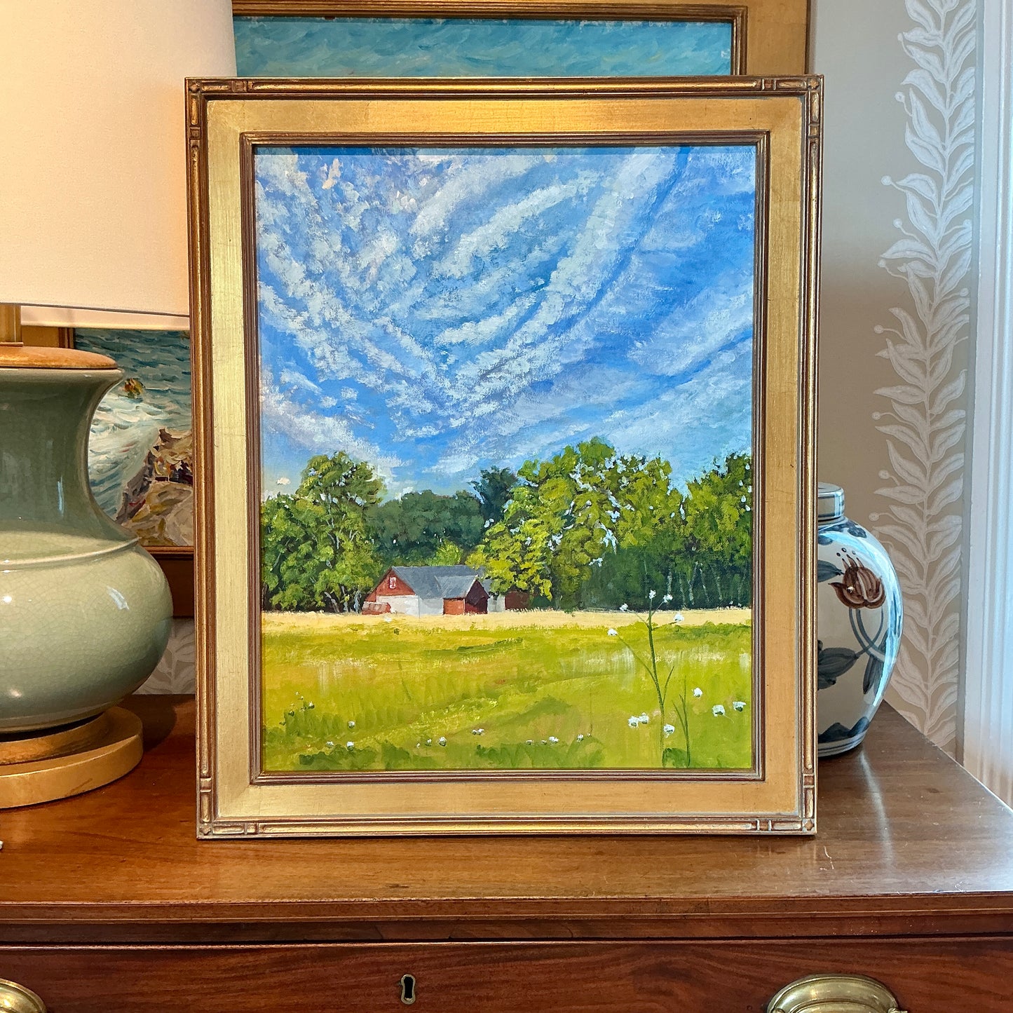 Martin Scherer Summer Barn Landscape Oil Painting in Gold Frame