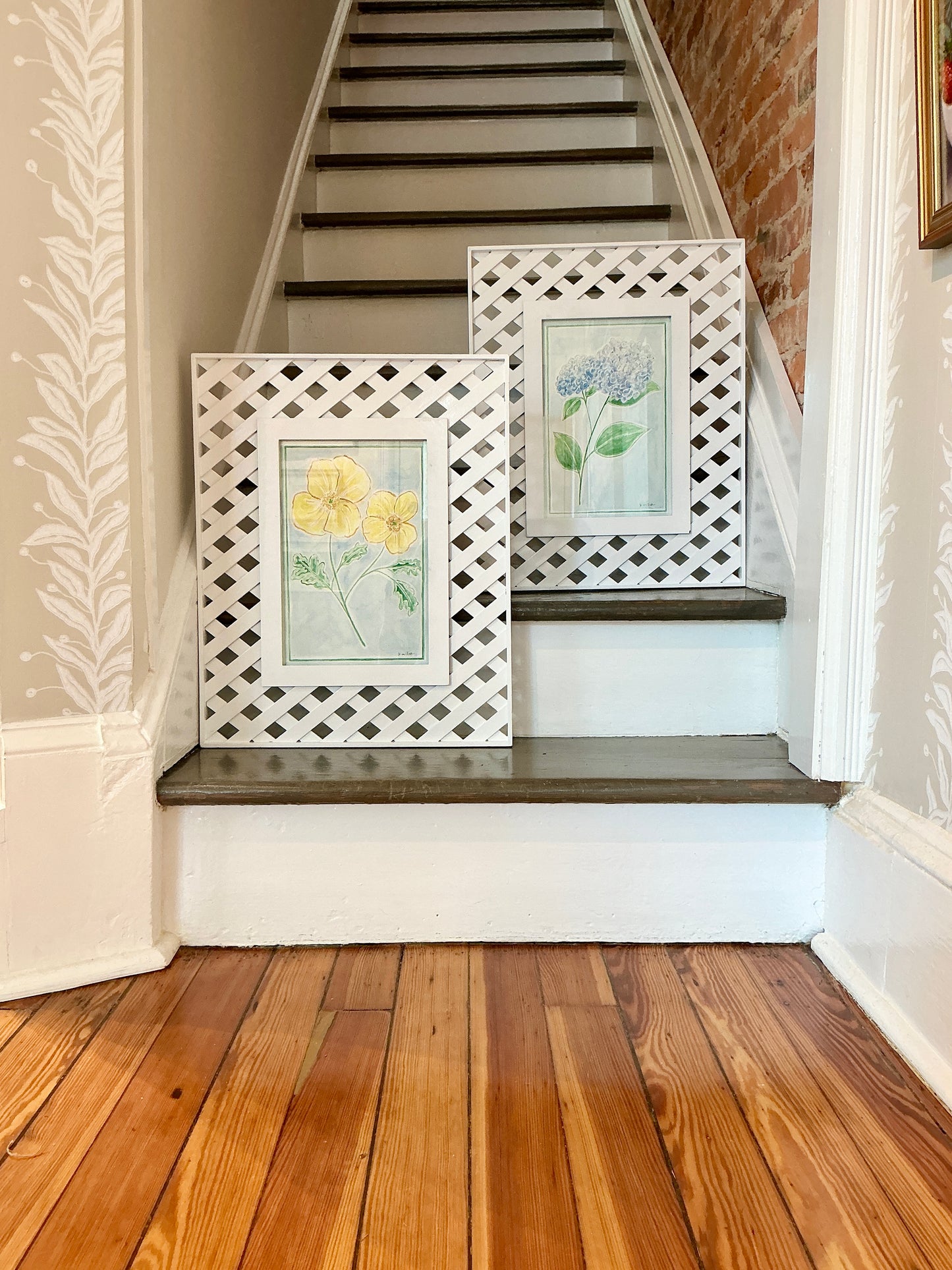 Kate Miller Blue Hydrangea Botanical Watercolor Painting in White Lattice Frame