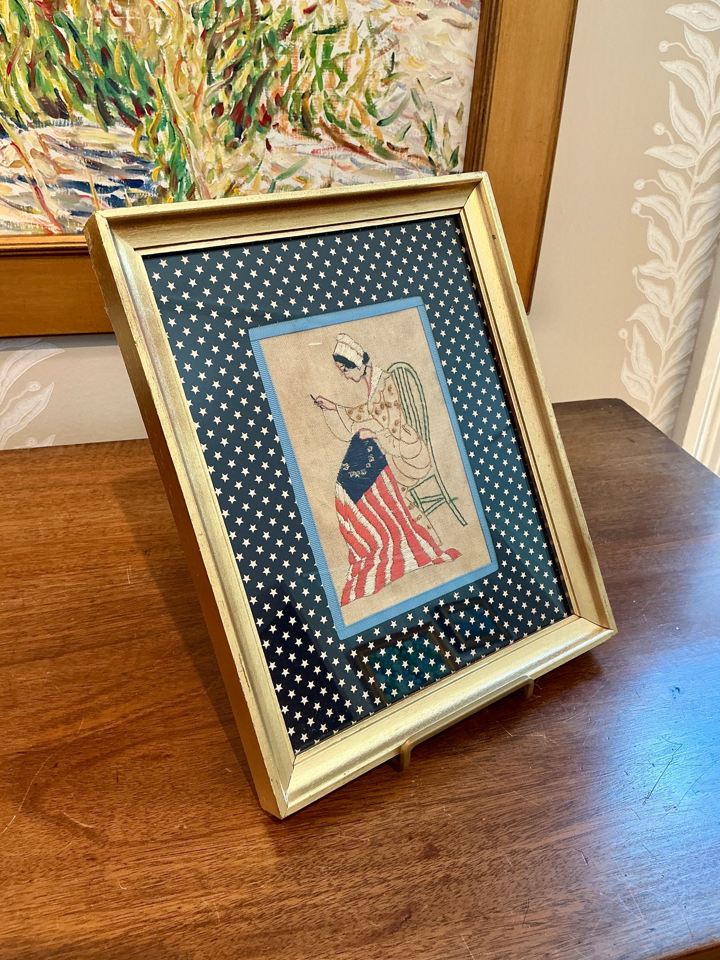 Vintage Betsy Ross Embroidery in Navy and White Stars in Gold Frame
