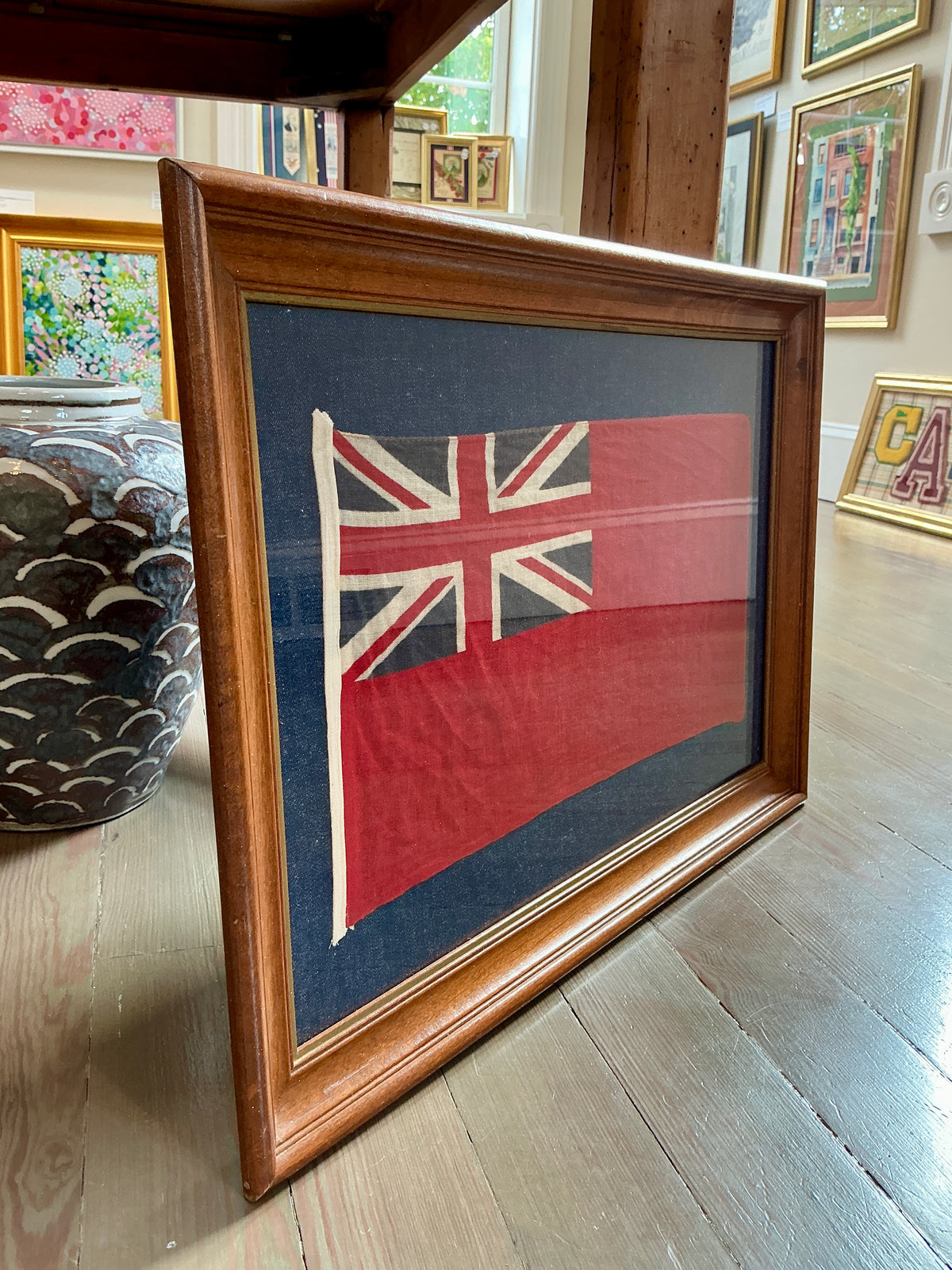 Vintage Cotton British Red Ensign Flag on Dark Chambray in Wood Frame with Gilded Liner