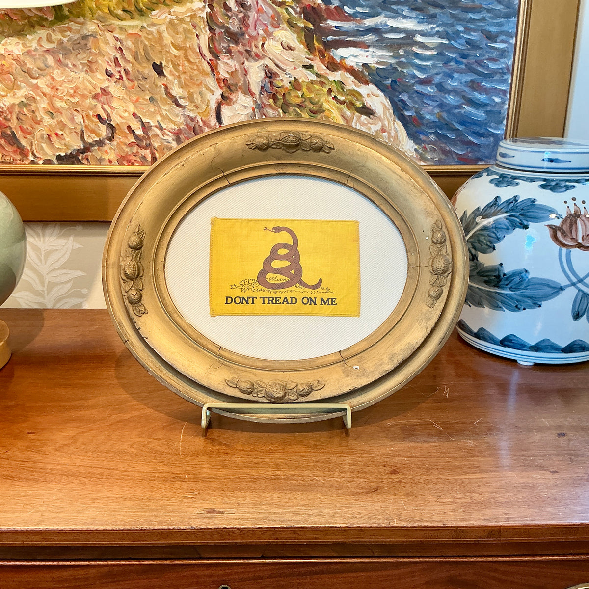 Vintage Gadsden Flag on Ivory Duck Cloth in Oval Dark Gold Frame
