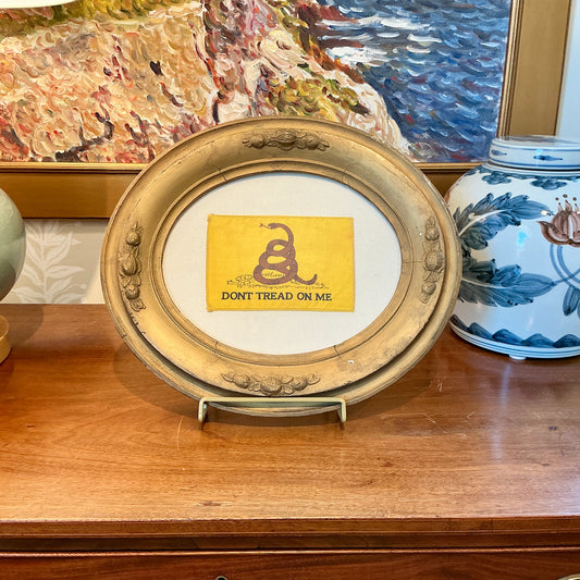 Vintage Gadsden Flag on Ivory Duck Cloth in Oval Dark Gold Frame