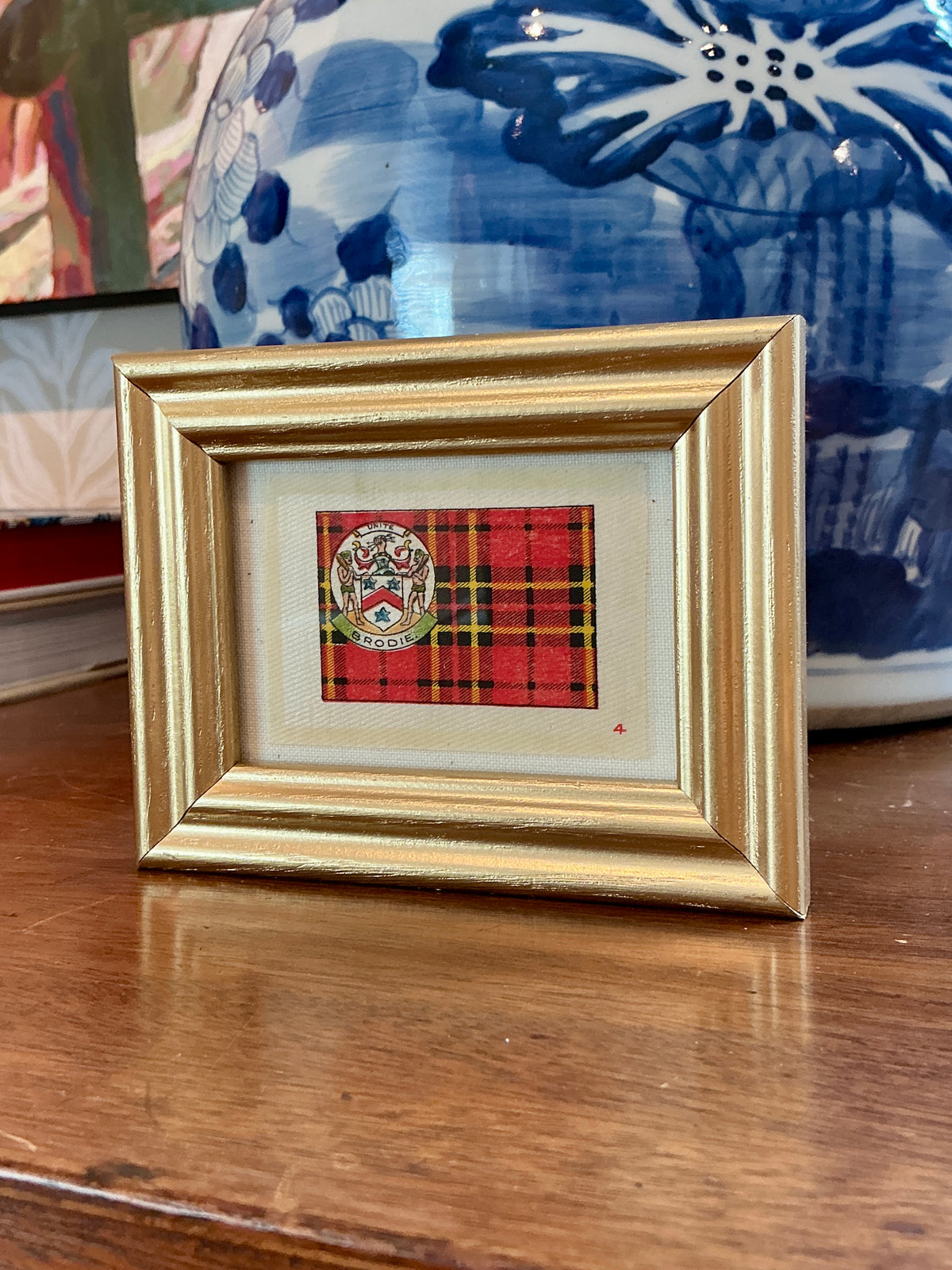 Set of Five Antique Scottish Tartan Tobacco Silks on Ivory in Gold Frames