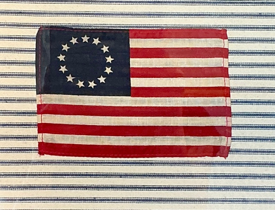 Vintage 13 Star American Betsy Ross Parade Flag on Blue and White Stripes in Antique Wood and Gilded Frame