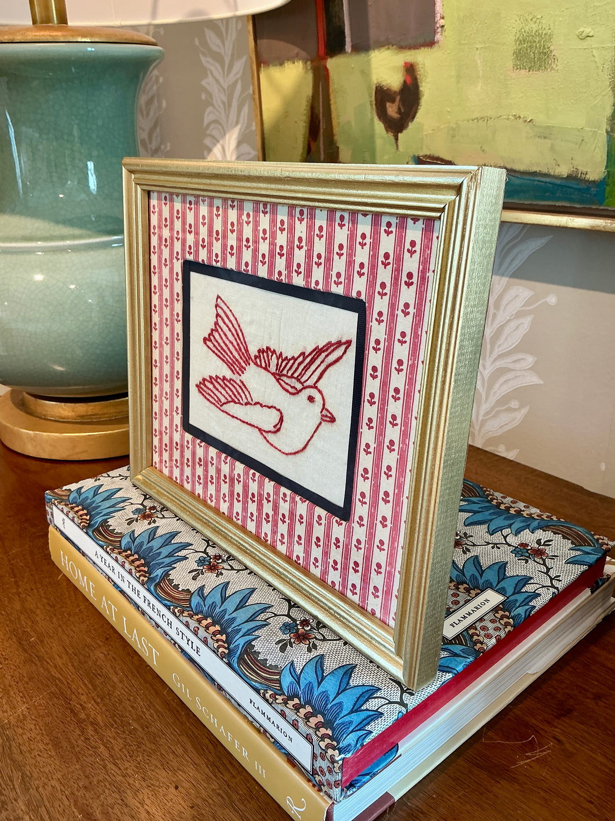 Antique Redwork Flying Bird Embroidery in Pink Floral Brunschwig & Fils Wrapped Mat in Gold Frame