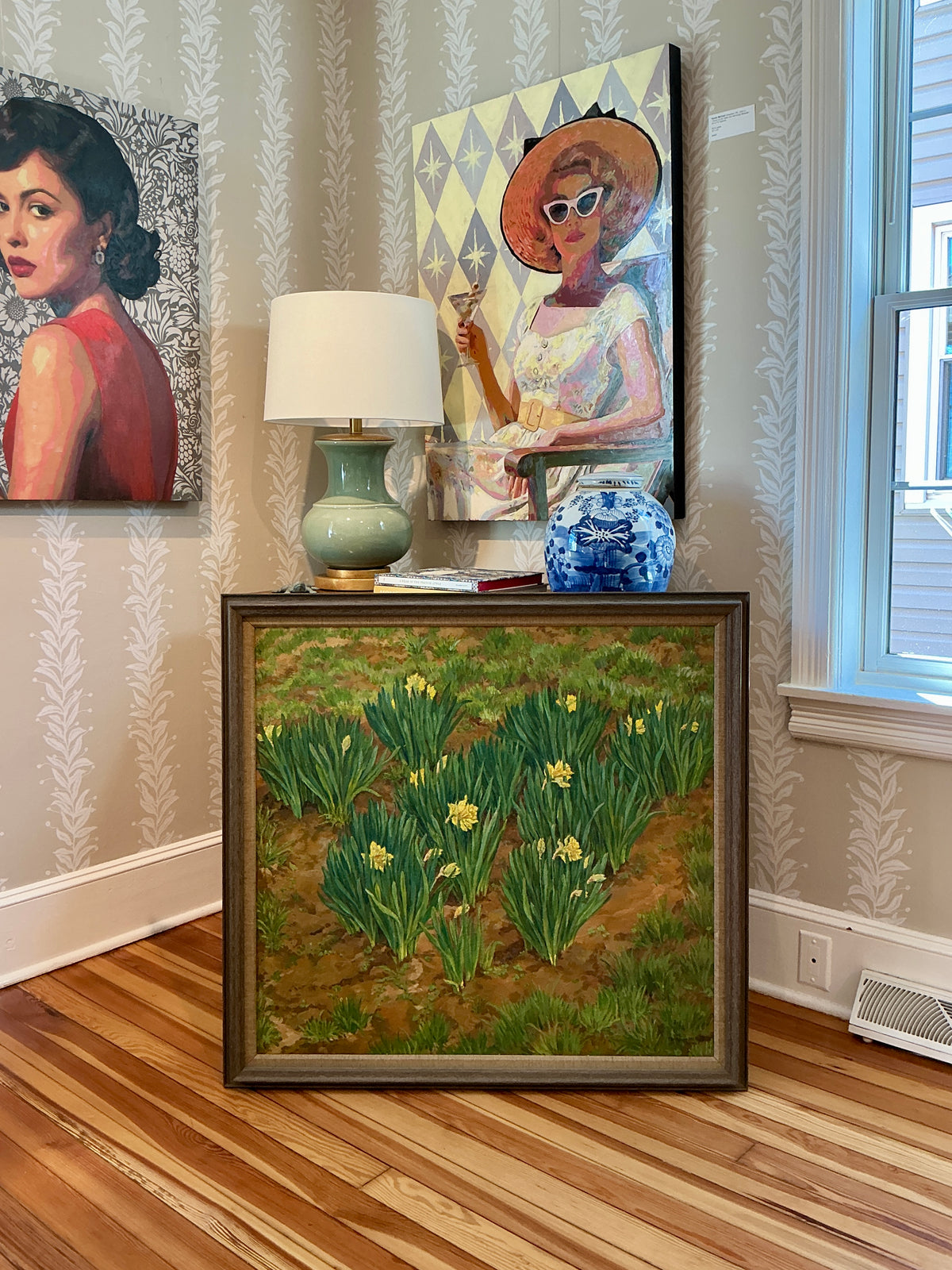 Franz de Merlier Daffodils Landscape Oil Painting in Wood Frame