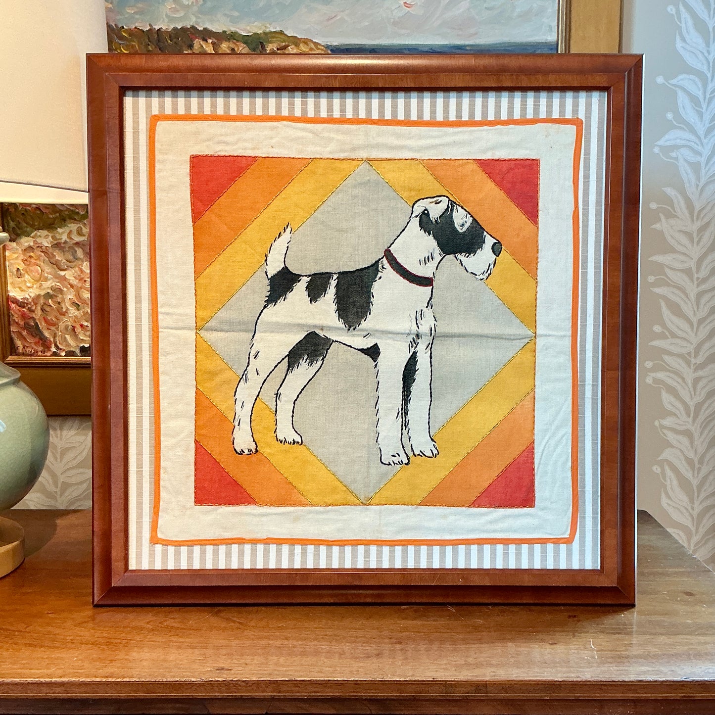 Vintage Handmade Wire Fox Terrier Embroidery on Taupe Stripes in Wood Frame
