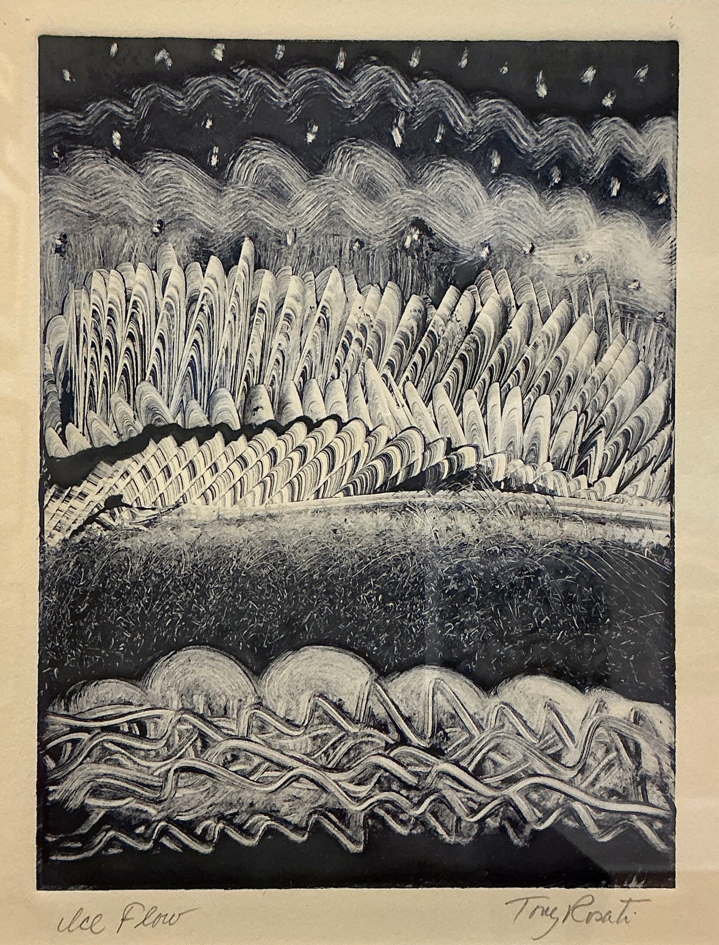 Tony Rosati Ice Flow Landscape Monotype in Silver Frame