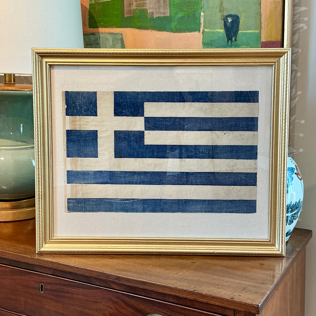Antique Muslin Greek Flag on Ivory Duck Cloth in Gold Frame