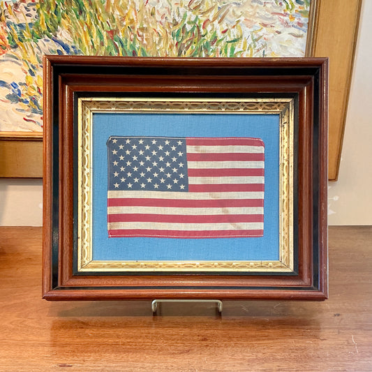 Vintage 50 Star American Flag on French Blue Twill in 19th Century Wood Frame with Gilded Liner