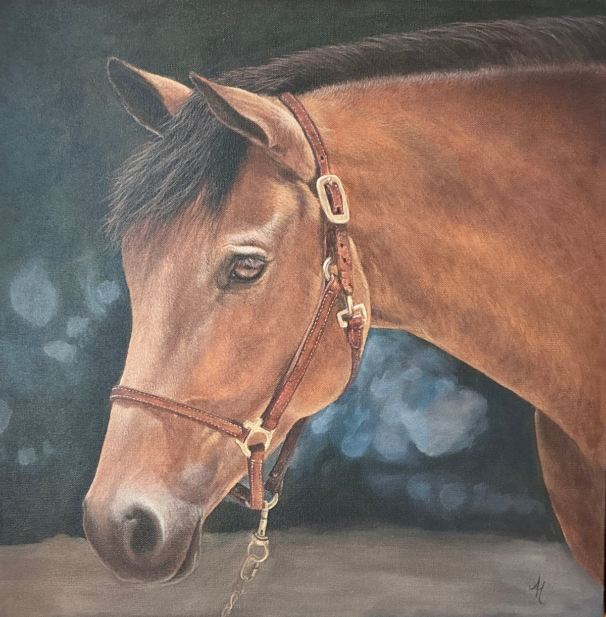Andrea Hennings Denver Horse Portrait Painting in Gold Floater Frame