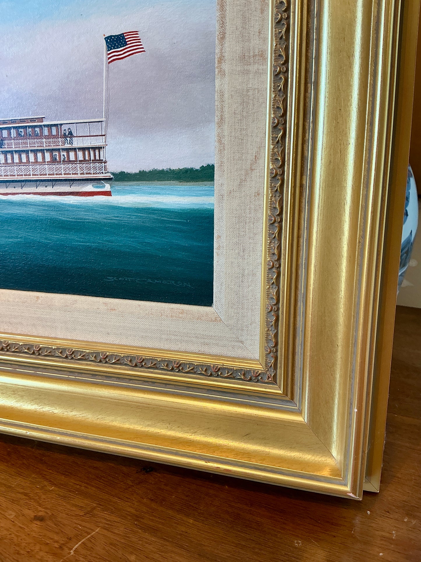 Scott Cameron Steamboat Ariel Oil Painting in Gold Frame