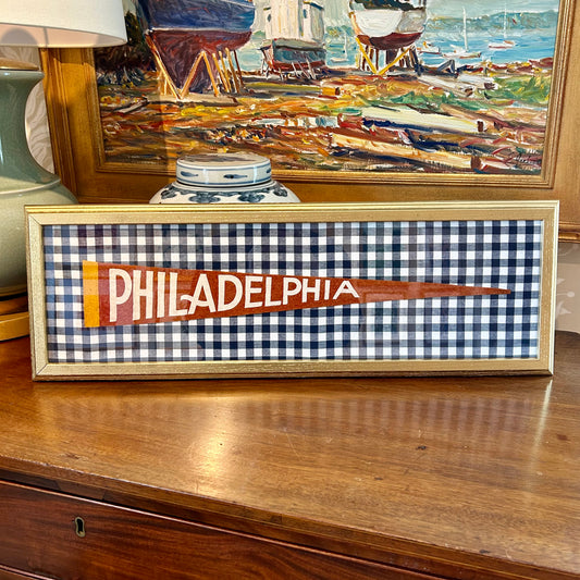 Vintage Philadelphia Burnt Orange Felt Pennant on Navy Gingham in Gold Frame