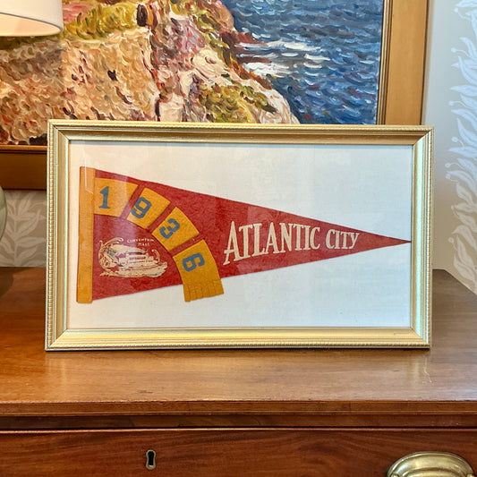 Vintage 1936 Atlantic City Felt Pennant on Ivory Duck Cloth in Gold Frame