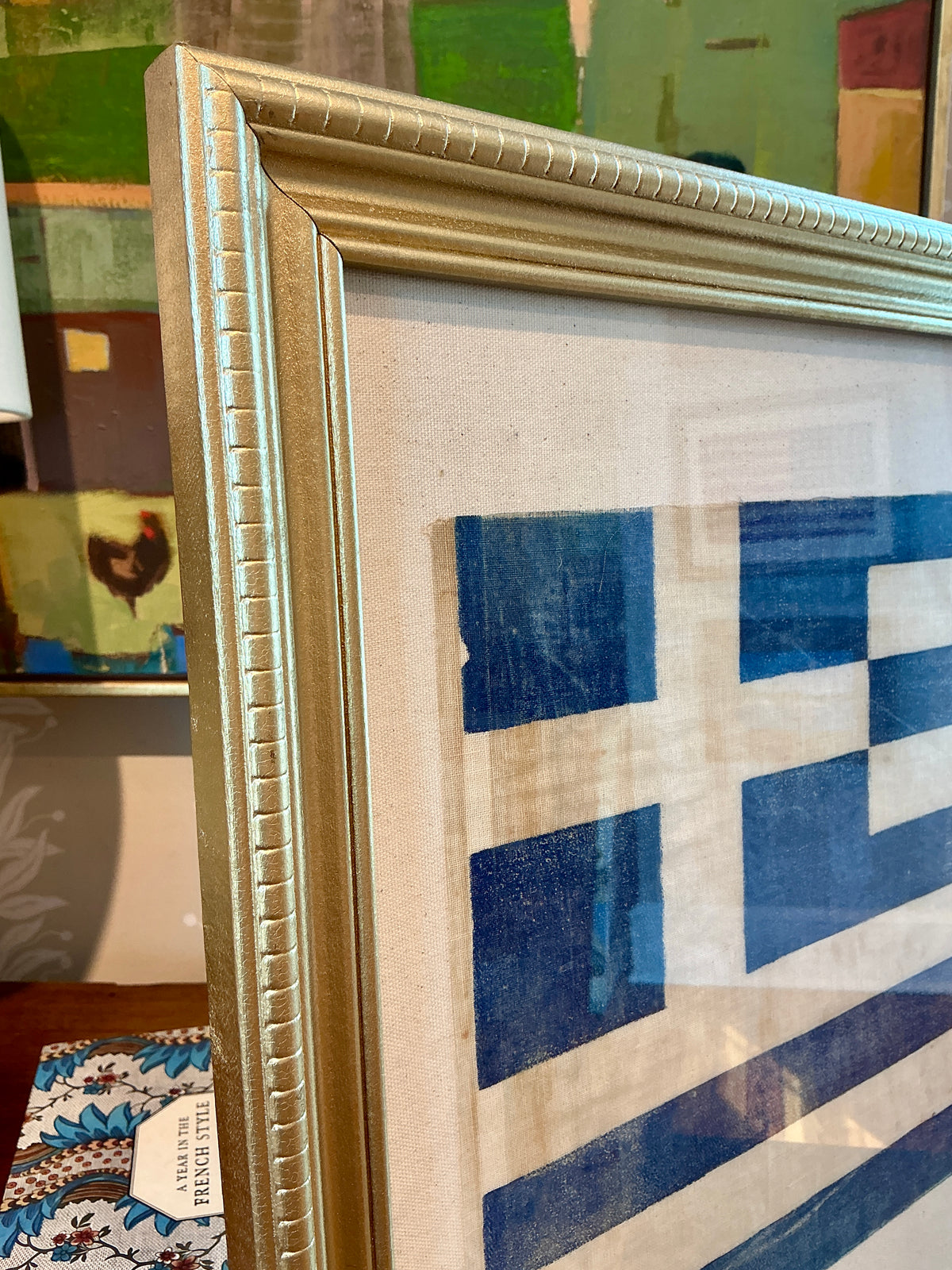 Antique Muslin Greek Flag on Ivory Duck Cloth in Gold Frame