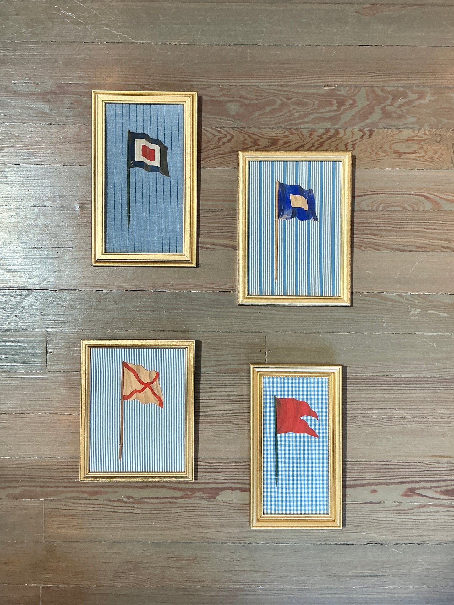 Antique 1905 Nautical Red Flag Oil Painting on Blue Gingham in Gold Frame