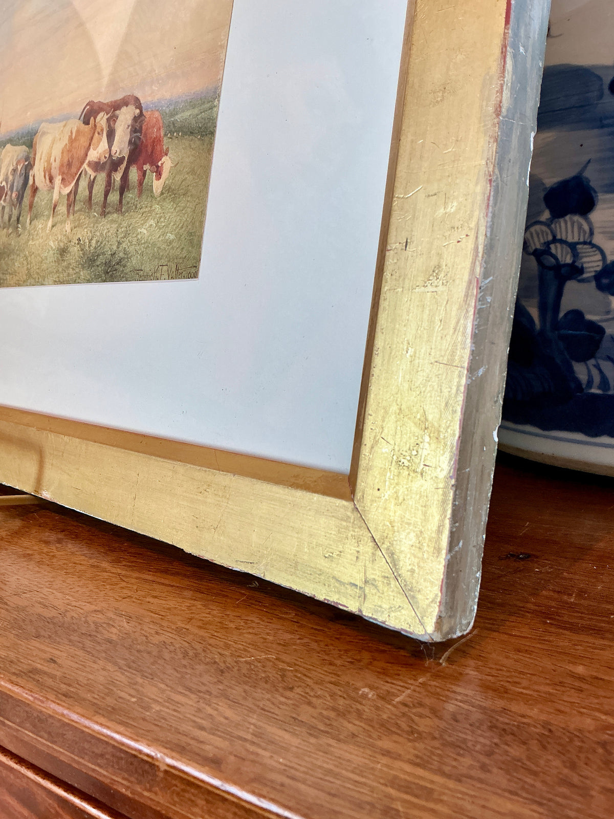 Frederick E. Valter 19th Century Cows In Pasture Landscape Watercolor Painting in Gold Frame