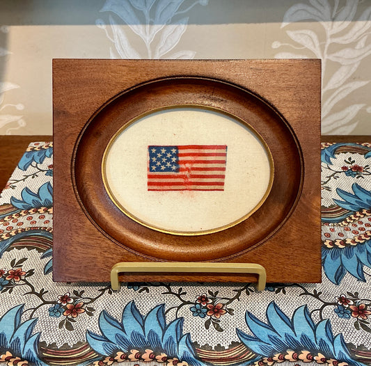 Antique Silk 13 Star American Flag on Ivory Muslin in Wood Frame with Gilded Liner