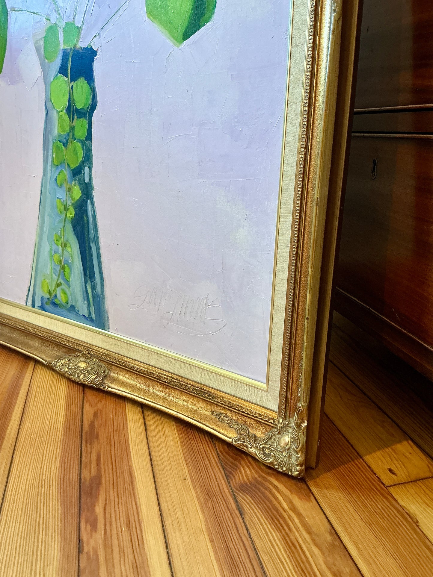 Gretchen McGinnis Big Lavender July Floral Still Life Oil Painting in Gold Frame