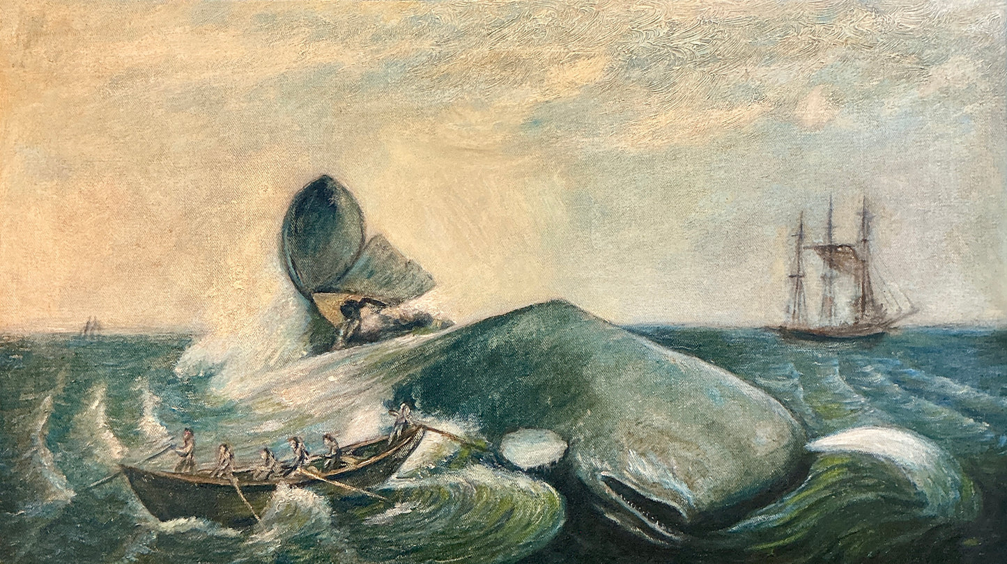 19th Century "Nantucket Sleigh Ride" American Folk Whale Seascape Whaling Scene Oil Painting in Wood Frame With Gilded Liner