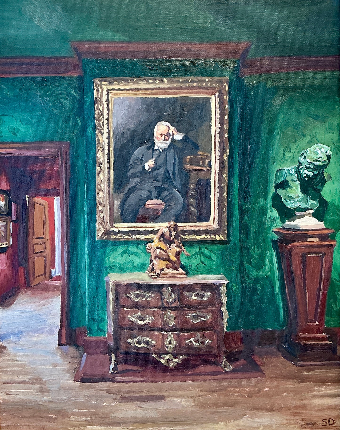 Stephanie Doucet Victor Hugo In The Green Room French Interior Oil Painting in Gold Frame