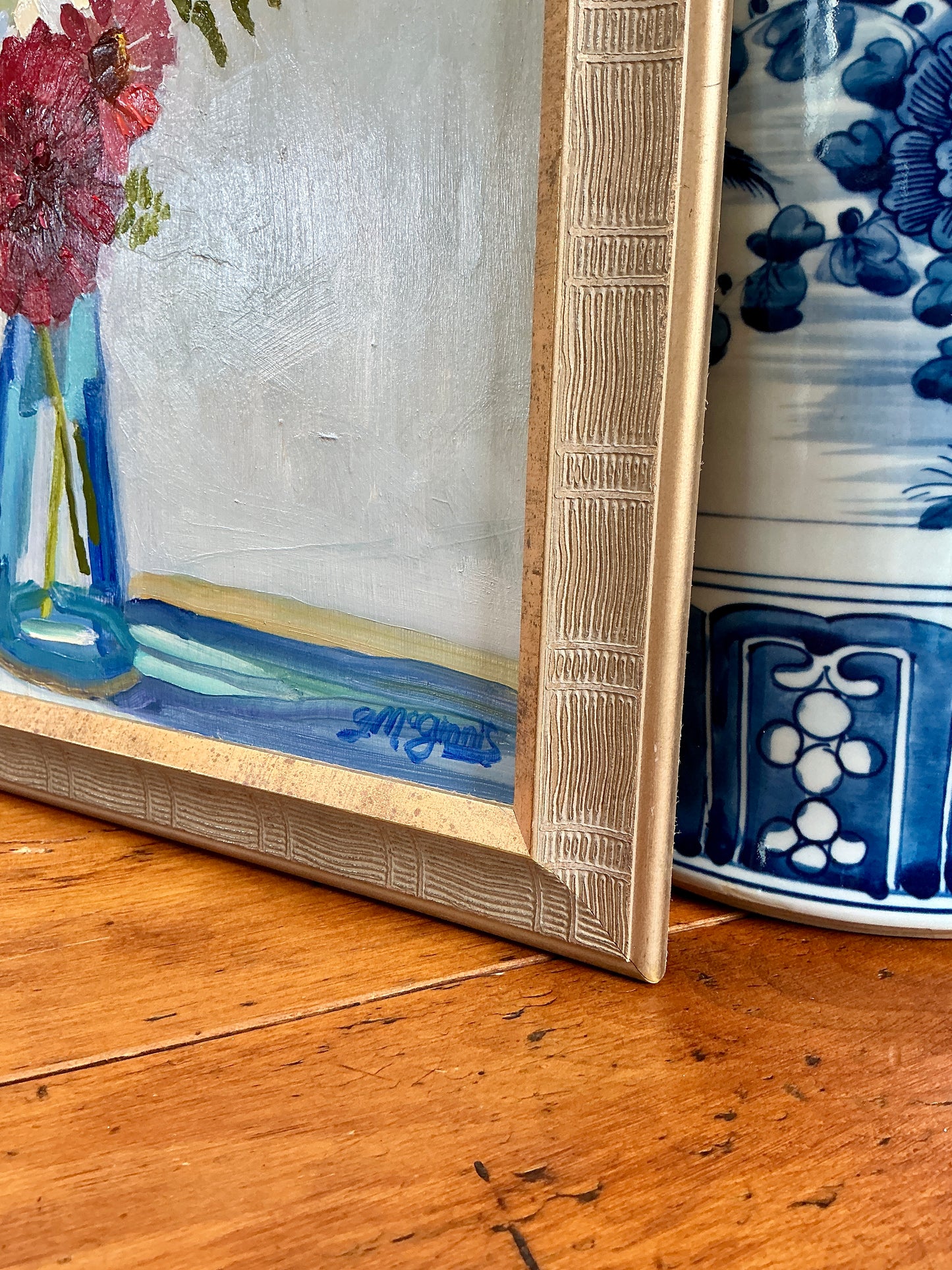 Gretchen McGinnis The Red Dahlia Still Life Oil Painting in Gold Frame