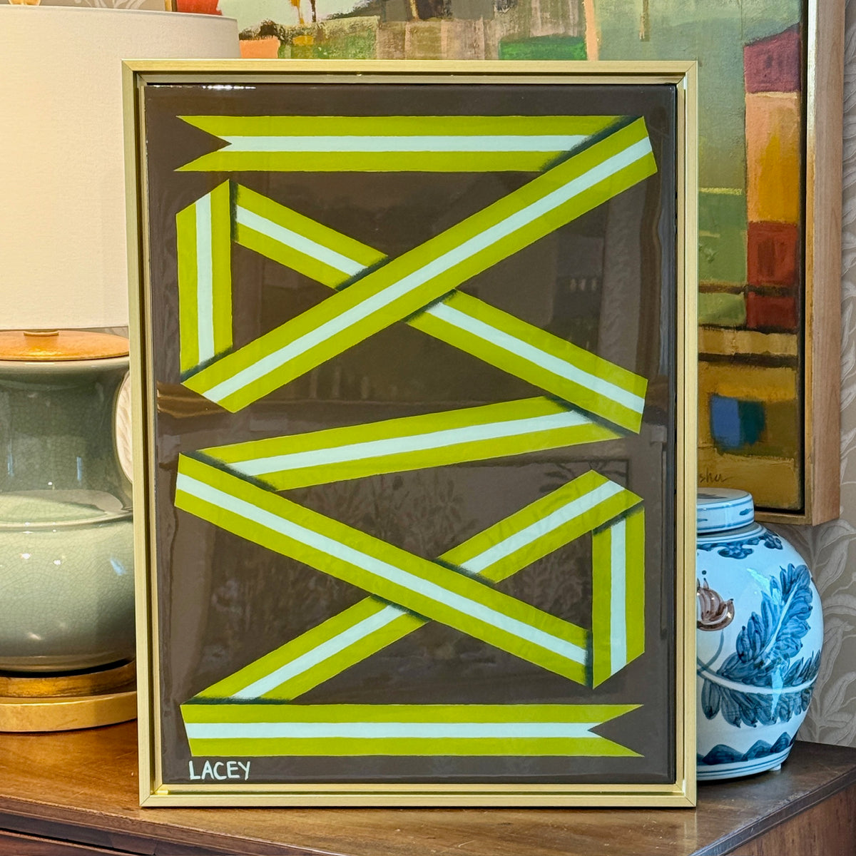 Lacey Craig Hooper Lime Ribbon Series Painting in Gold Floater Frame