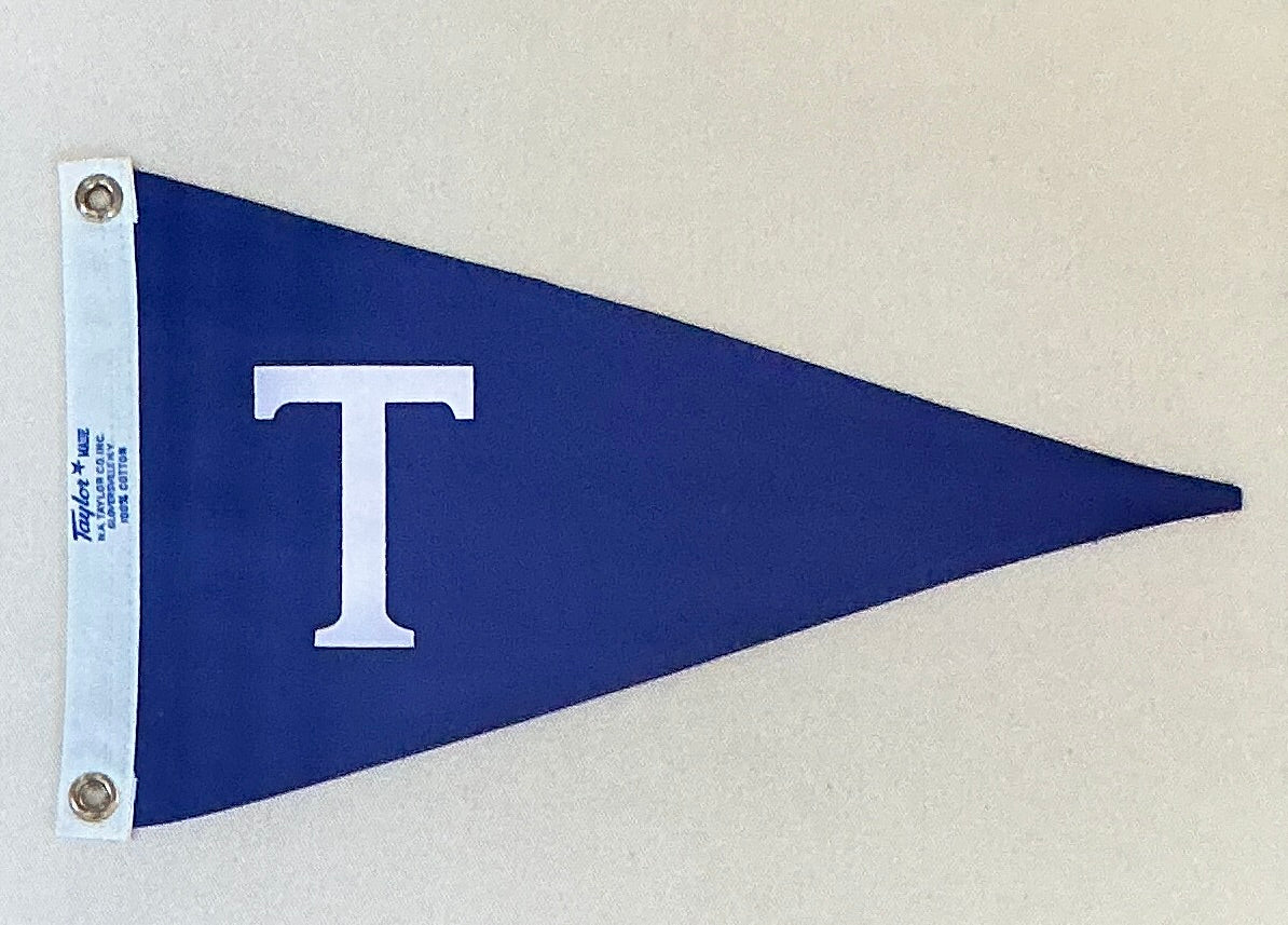 Vintage Blue Canvas "T" Burgee Nautical Flag on Ivory Duck Cloth in Gold Frame