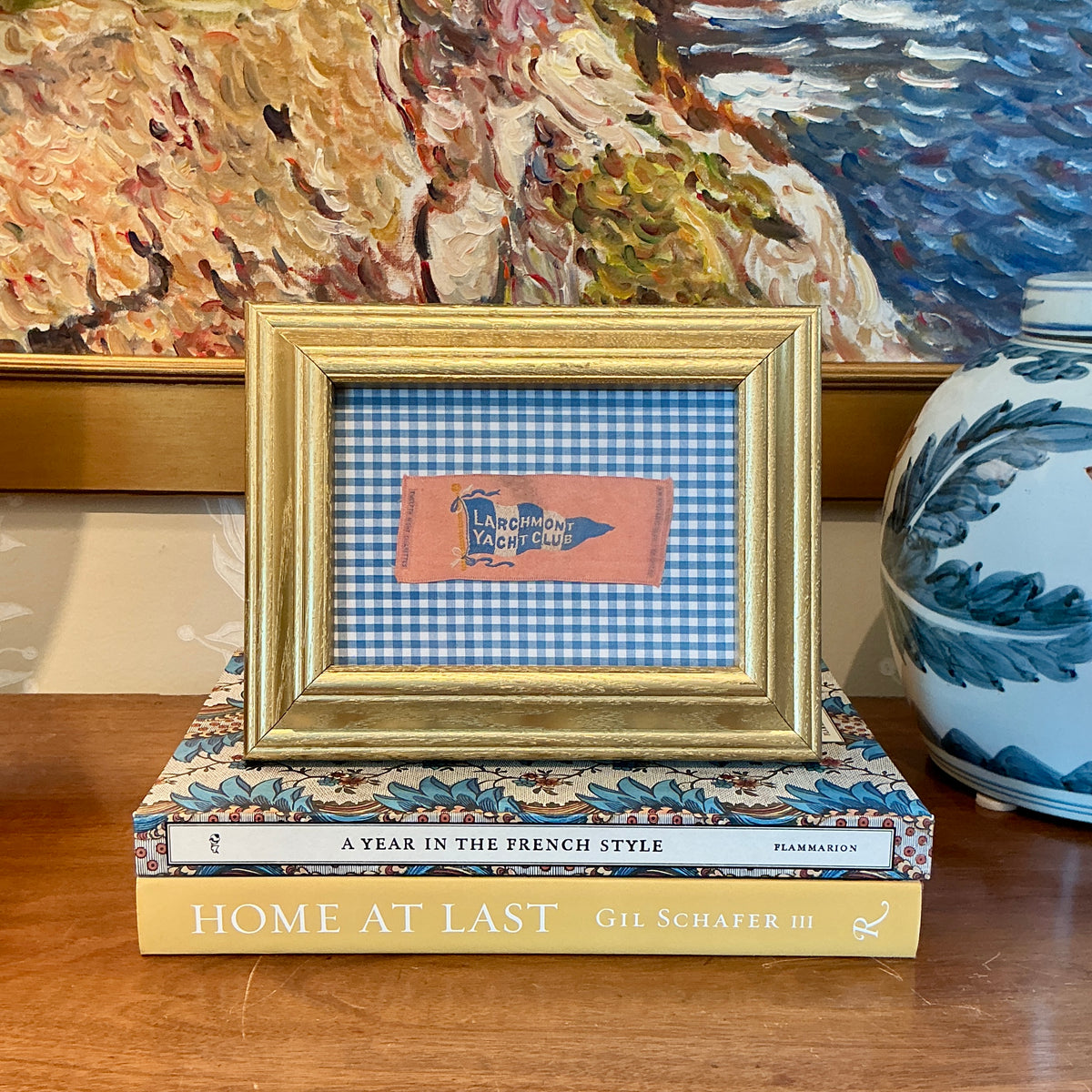 Antique Larchmont Yacht Club Tobacco Silk on Blue Gingham in Gold Frame