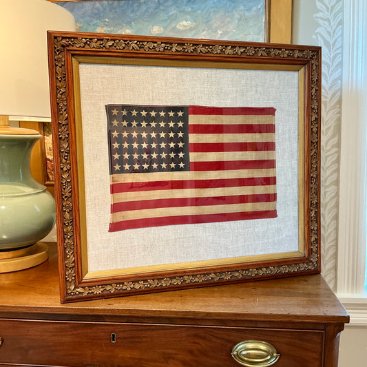 Vintage 48 Star American Flag on Grey Twill in Floral Design Wood Frame with Gilded Liner