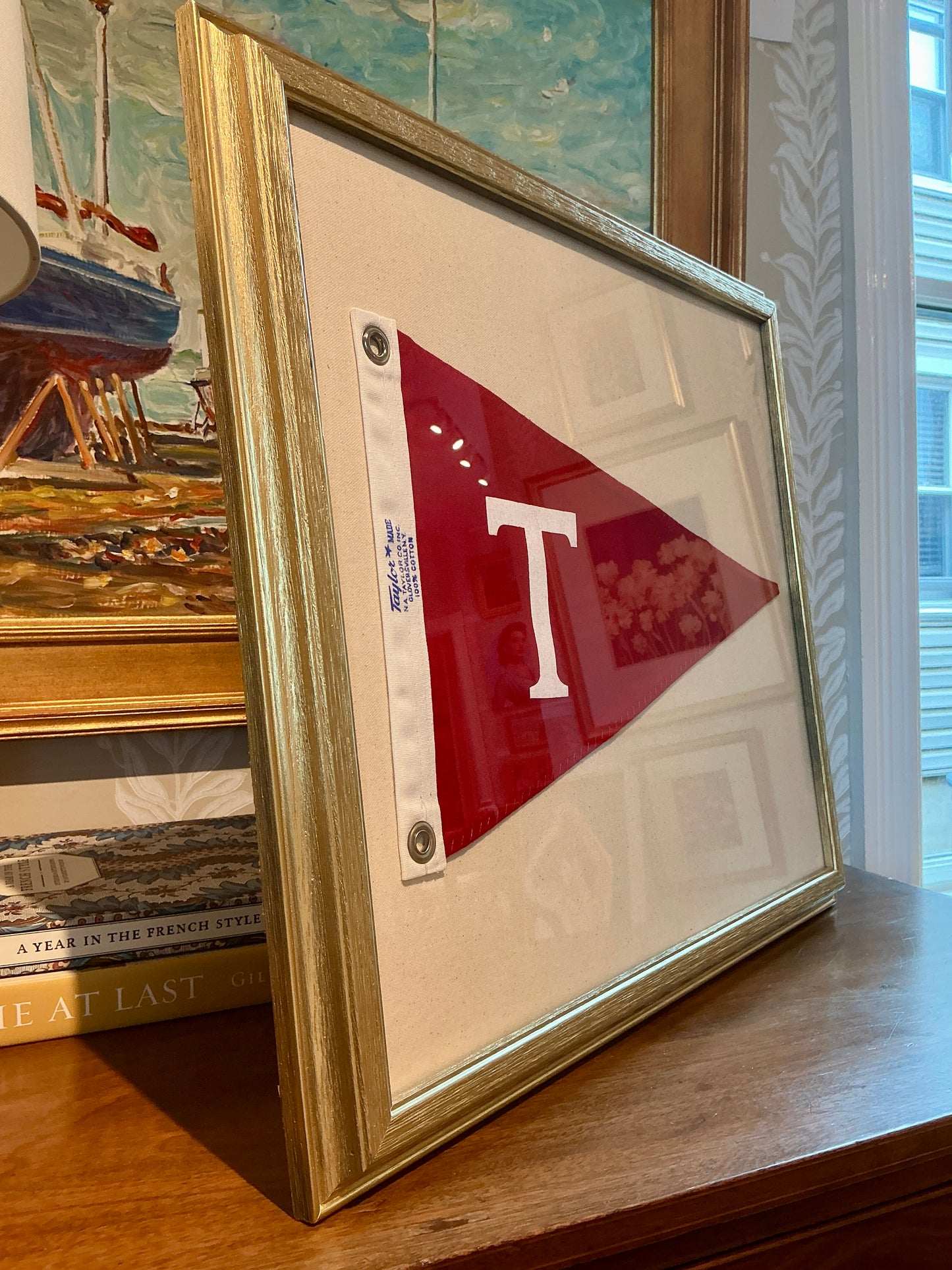 Vintage Red Canvas "T" Burgee Nautical Flag on Ivory Duck Cloth in Gold Frame