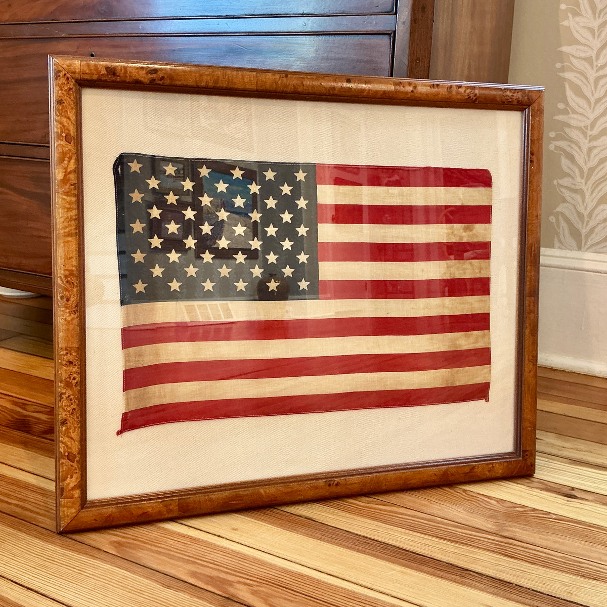 Vintage 50 Star American Flag on Ivory Duck Cloth in Burled Walnut Wood Frame