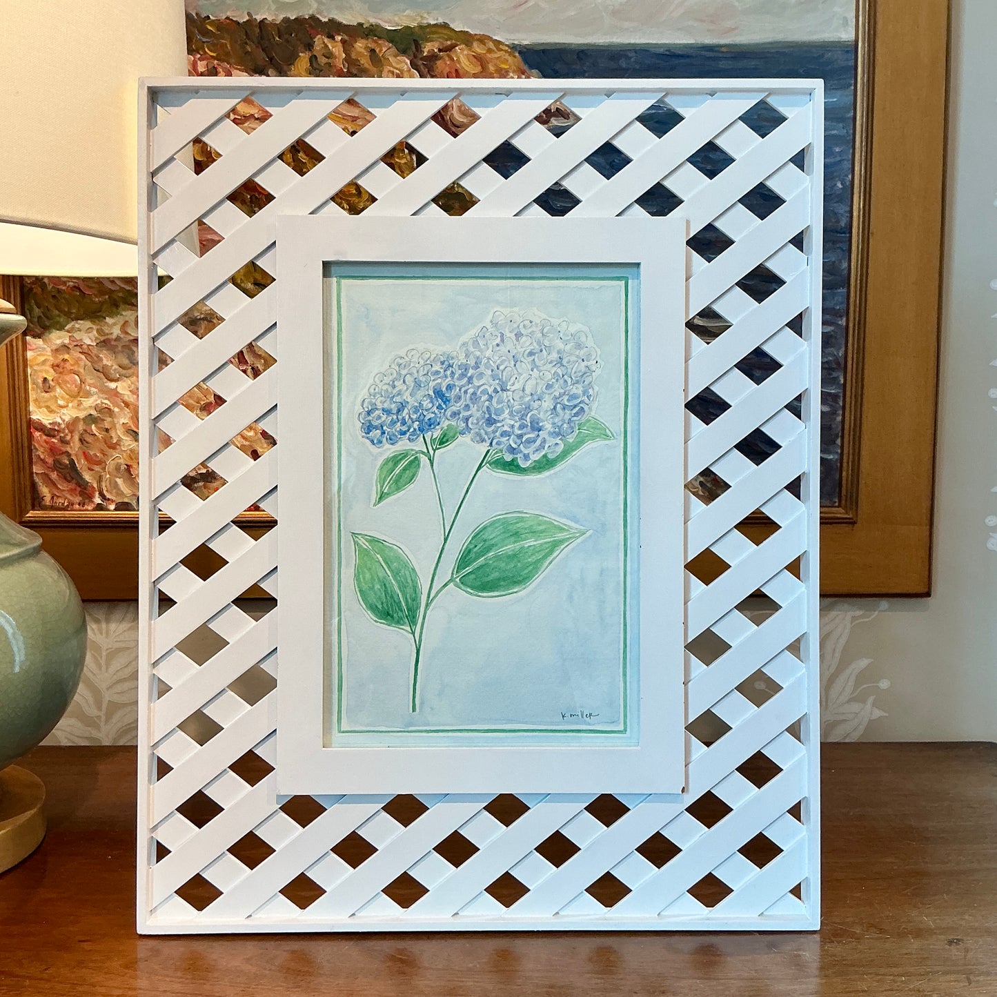 Kate Miller Blue Hydrangea Botanical Watercolor Painting in White Lattice Frame