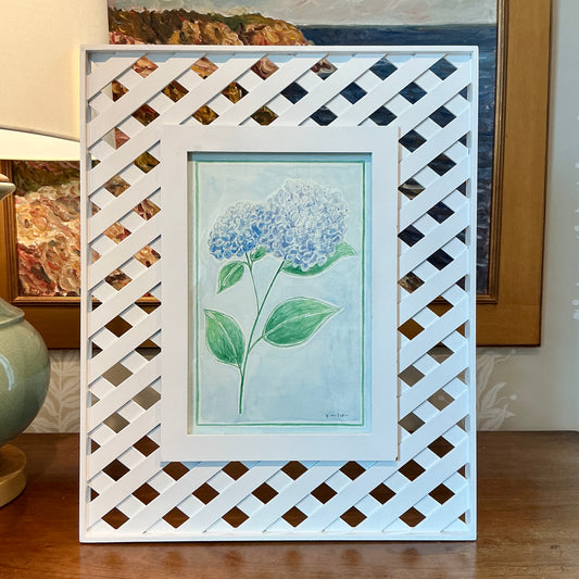 Kate Miller Blue Hydrangea Botanical Watercolor Painting in White Lattice Frame