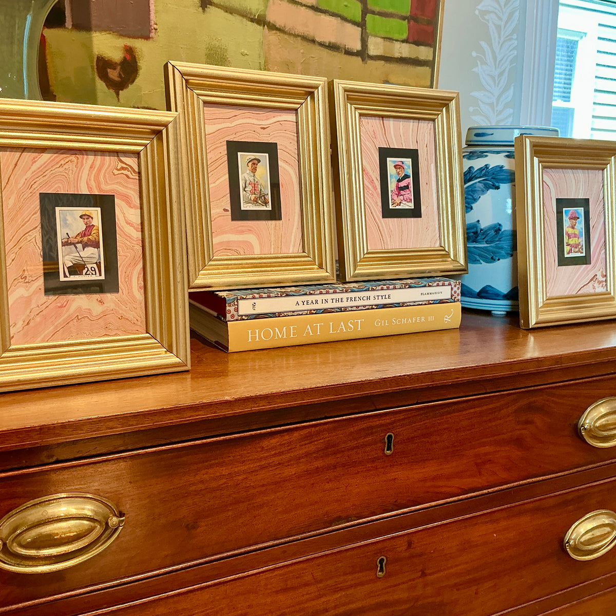 Set of 4 1936 Jockey Tobacco Cards on Pink Hand Marbled Mount in Gold Frames
