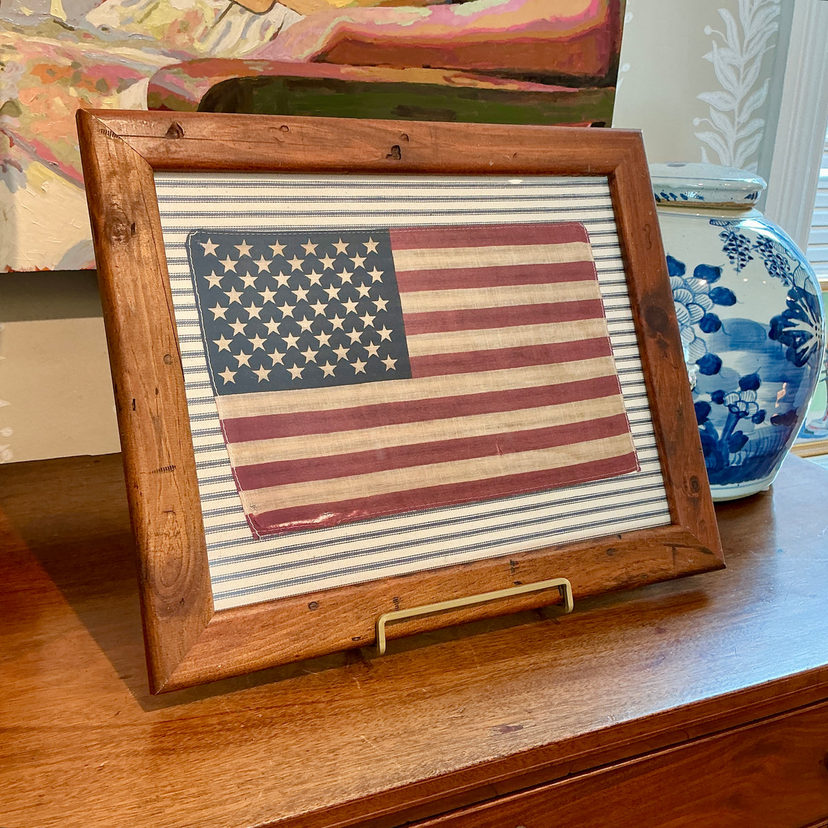 Vintage 50 Star American Flag on Blue and White Stripes in Pine Frame