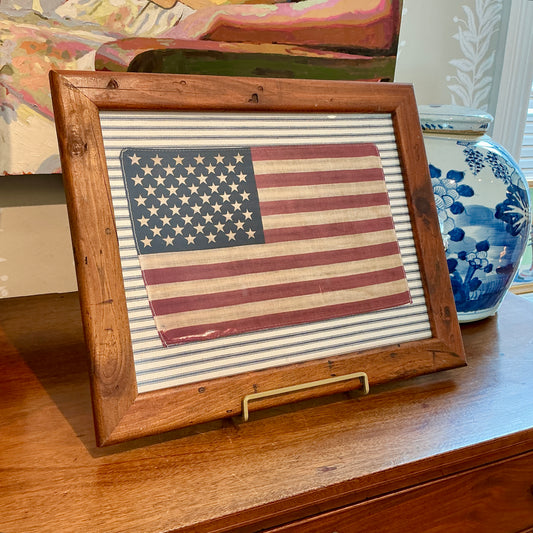 Vintage 50 Star American Flag on Blue and White Stripes in Pine Frame