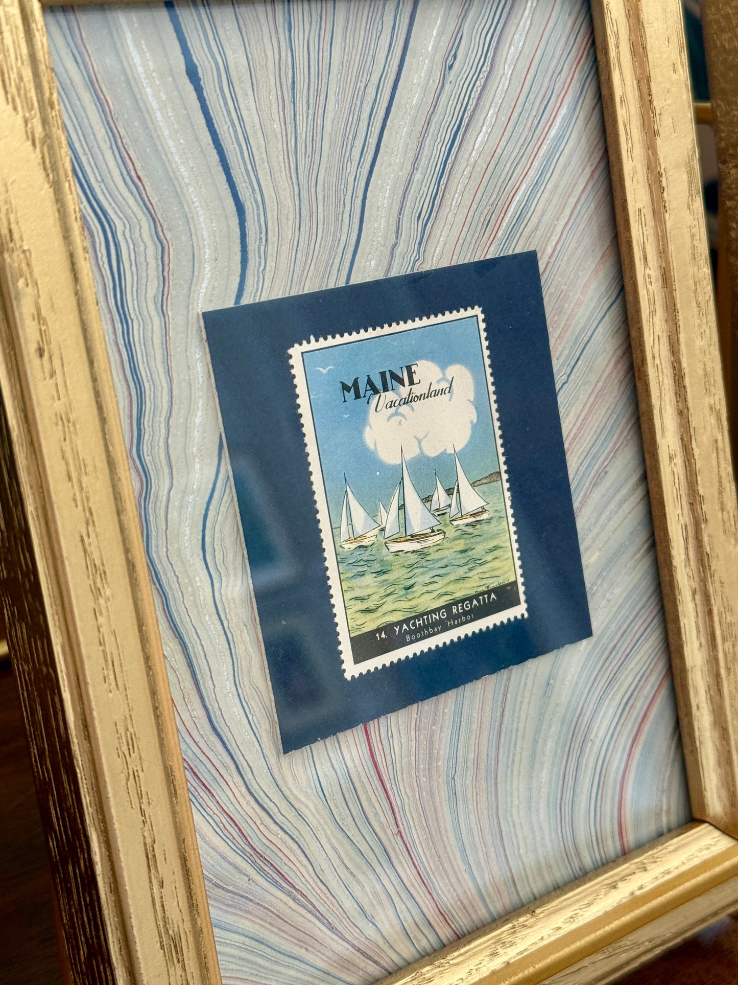 Set of Three 1940 Maine "Vacationland" Stamps on Blue Hand Marbled Paper in Gold Frames